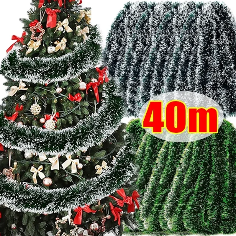 40/2m Artificial Christmas Tinsel Ribbons Xmas Tree Hanging Pendents Ornaments Green Cane Ribbon Garland Wreath Home Party Decor