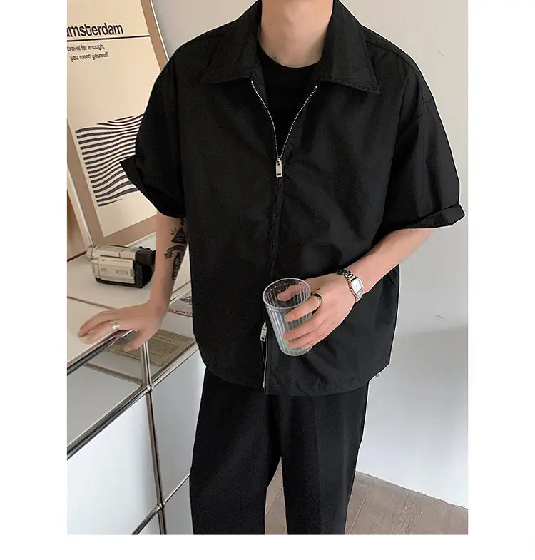 Summer Short Sleeved Shirt Men Fashion Oversized Zip Shirt Men