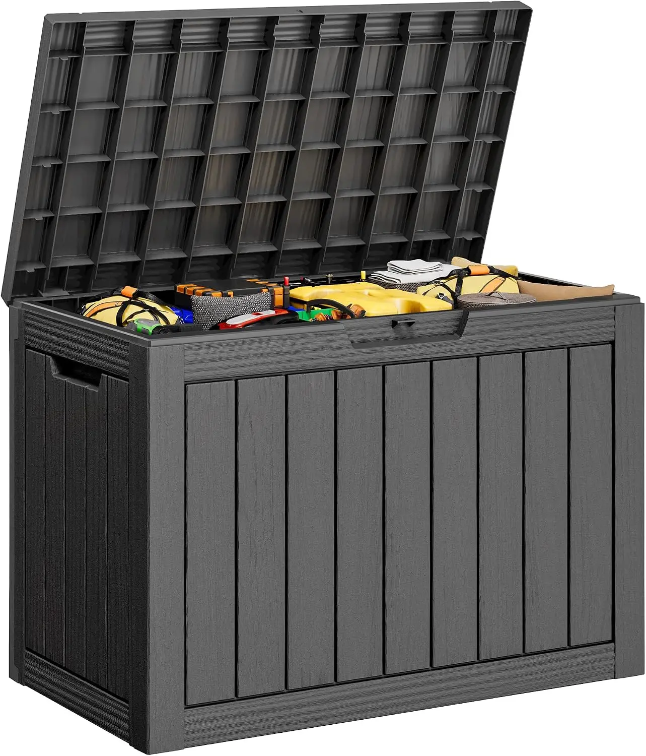 45-Gallon Outdoor Storage Box with Lockable Lid, Waterproof Resin, Removable Dividers for Garden Tools and Pool Accessories