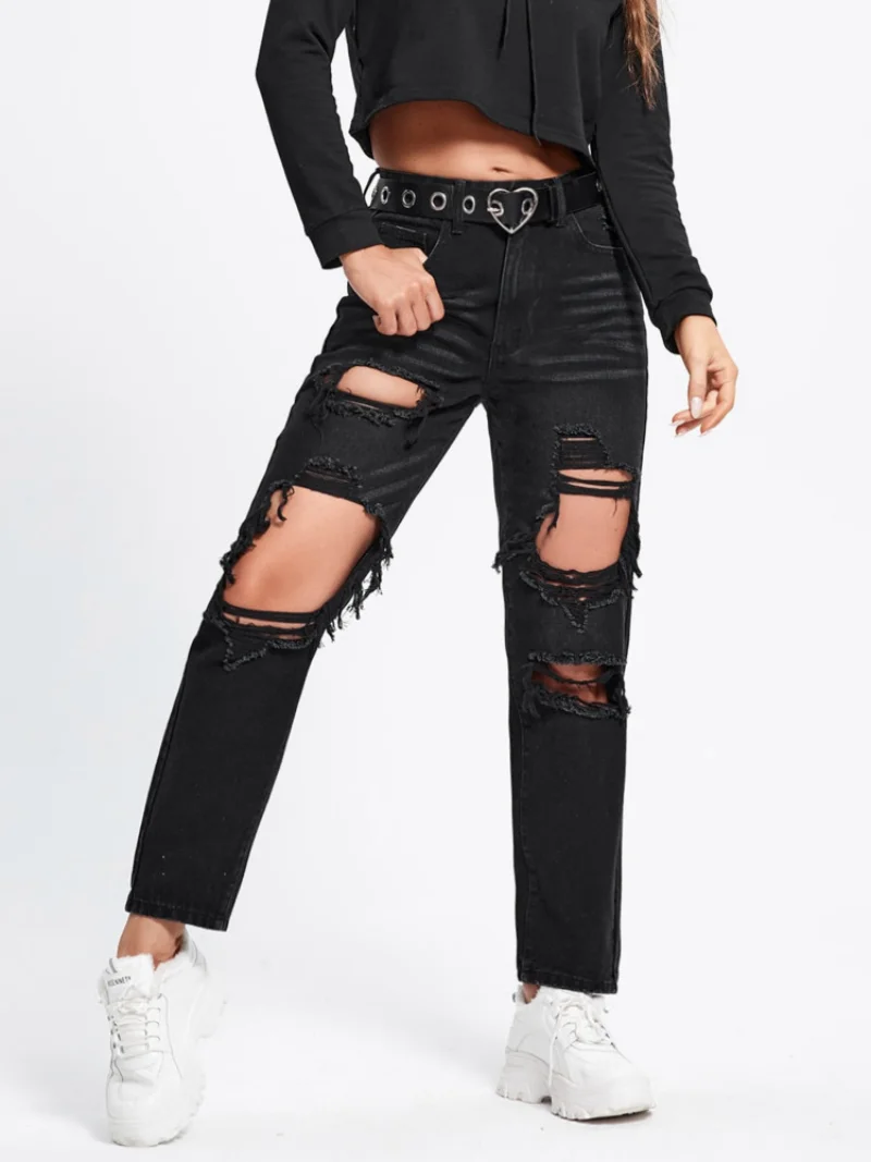 Denimcolab Fashion Hole Washing High Waist Jeans Woman Cotton Denim Straight Pants Ladies High Street Ripped Jeans Trousers