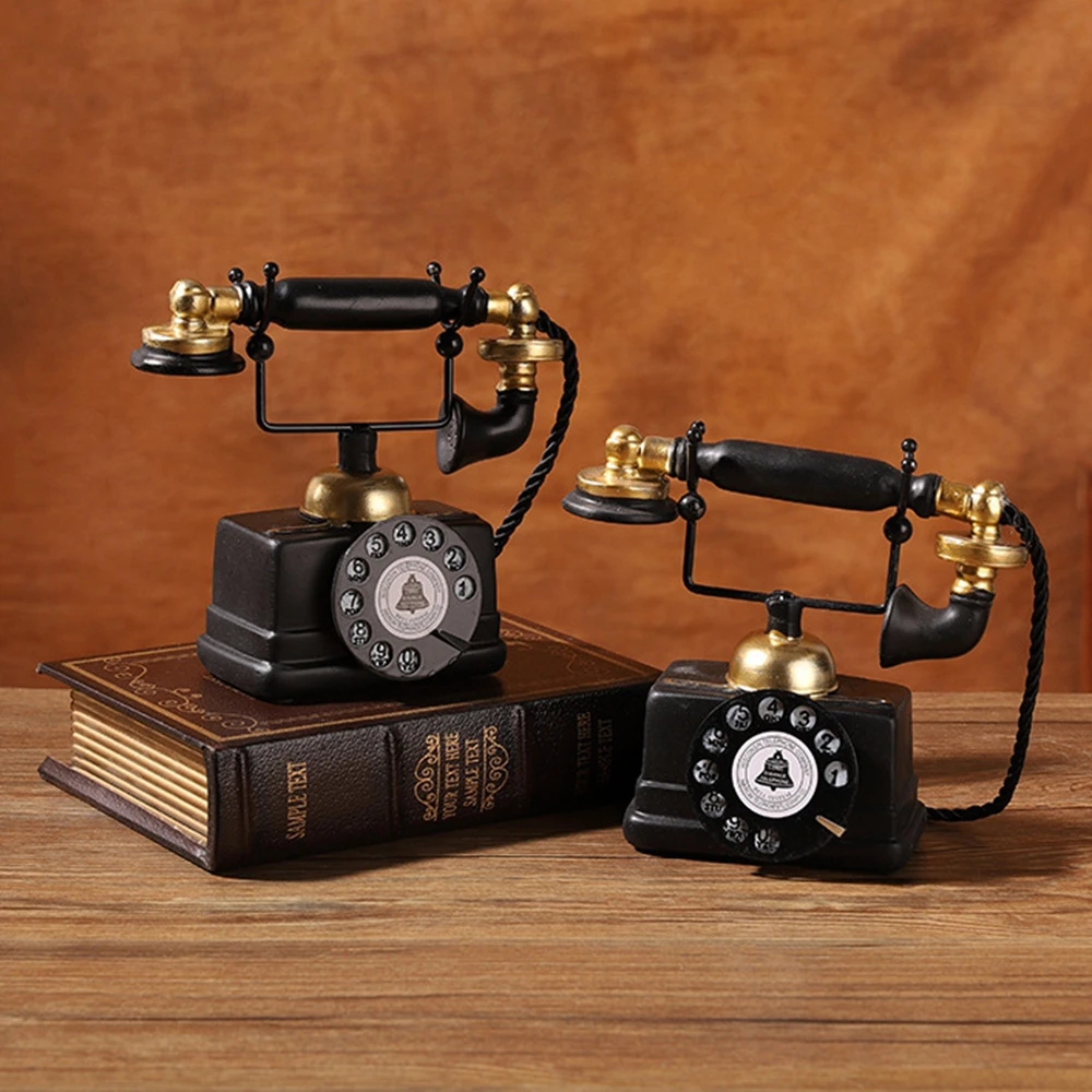 Vintage Rotary Telephone Model Retro Black Gold Candlestick Phone Resin Statue Home Office Desk Decor Ornament Gift