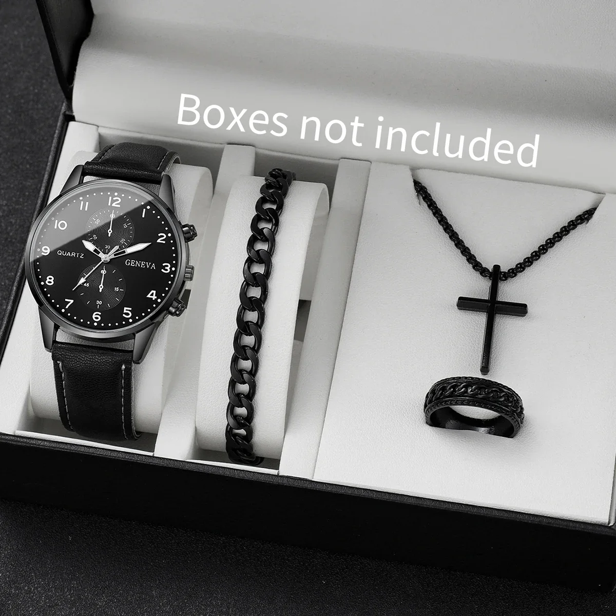 

4 шт./компл., модные мужские деловые часы, повседневные аналоговые кварцевые часы с кожаным ремешком для мужчин, подарочный комплект украшений (без коробки)