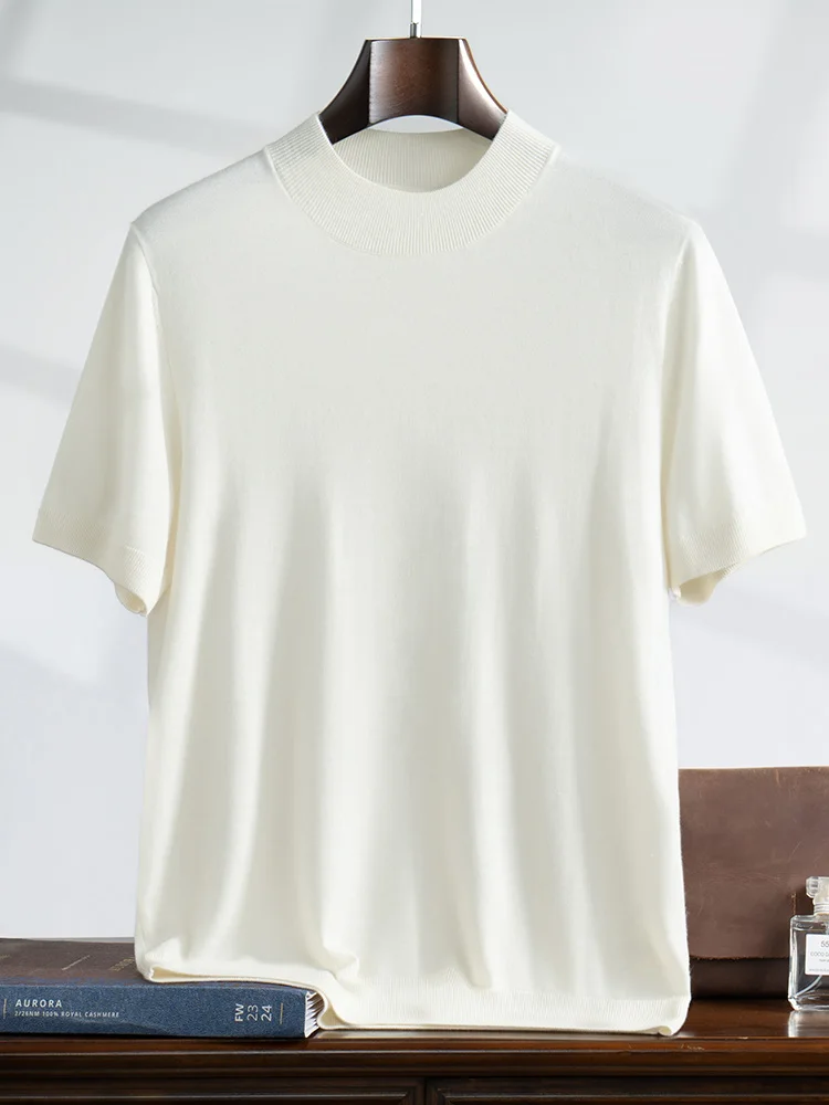 CHICUU الفاخرة الرجال 100% الصوفى الكشمير تي شيرت وهمية الرقبة البلوز سترة قصيرة الأكمام الصيف رقيقة متماسكة القمم