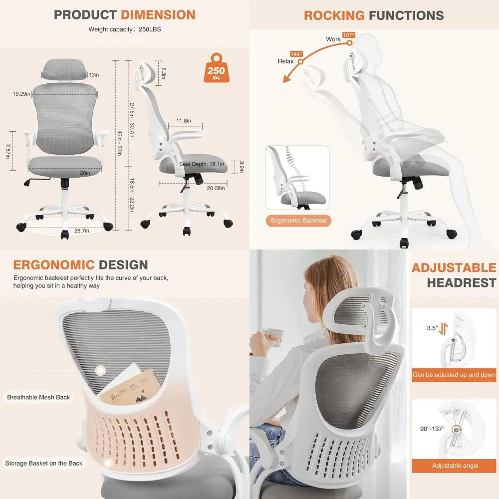 

Ergonomic High-Back Mesh Office Chair with Adjustable Headrest and Lumbar Support, Grey