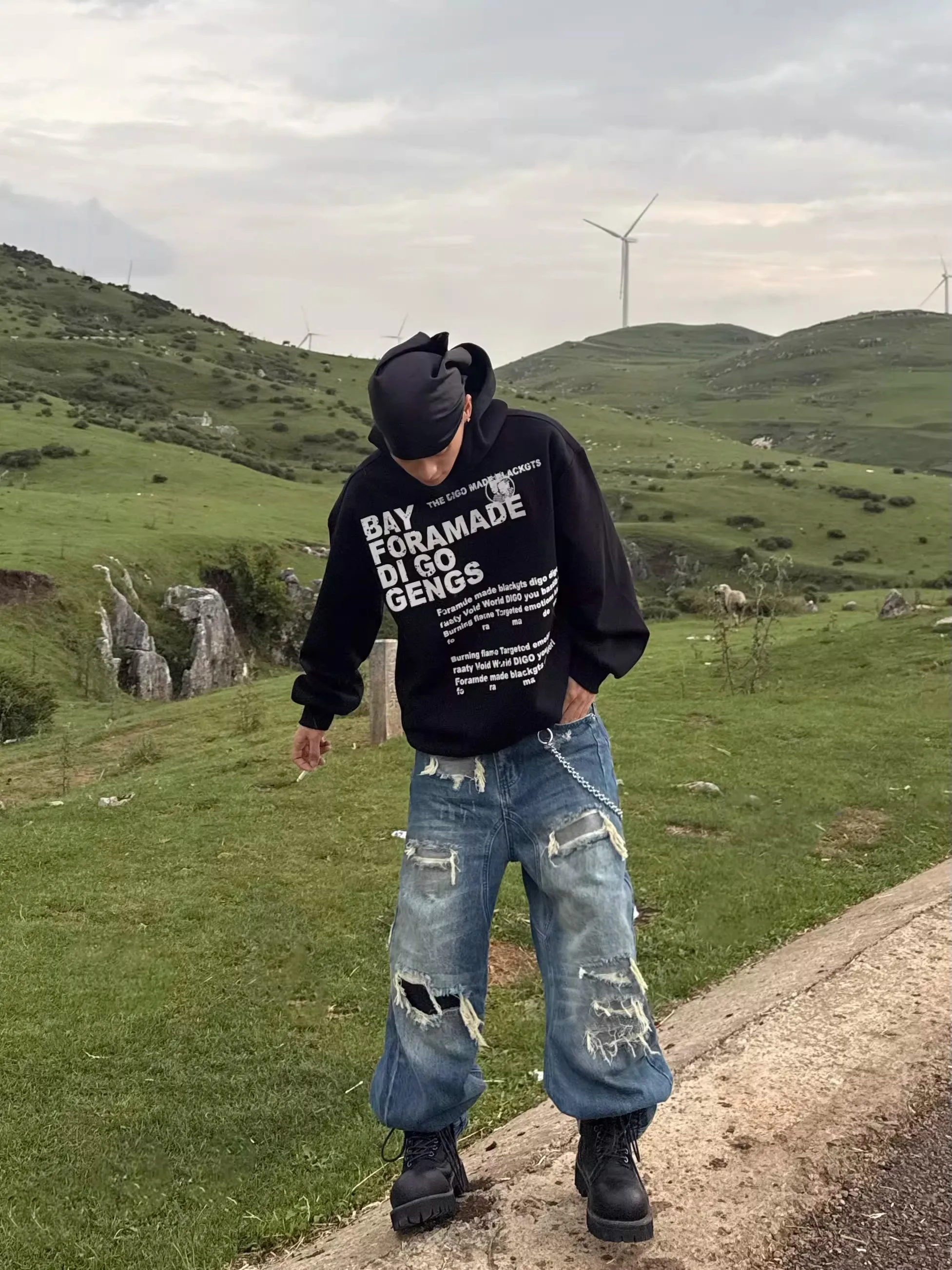 Calças Jeans de Estilo Retrô com Corte Solto e Perna Larga para Homens e Mulheres, Estilo de Rua, Desgastadas, com Patches, F...