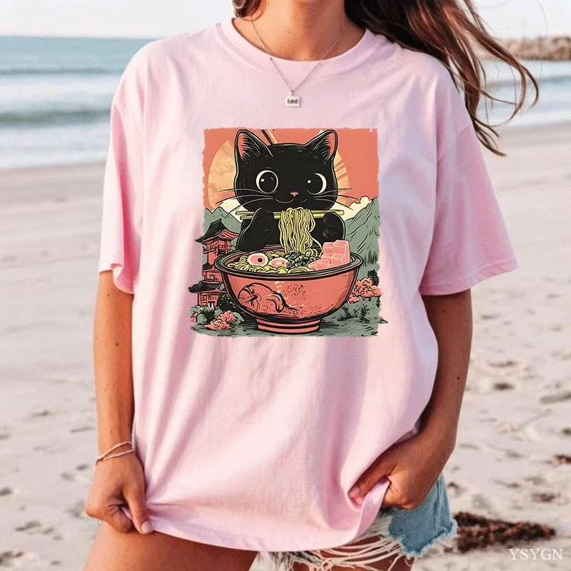 Noodle Ramen Cat Shirt Teen Pop Culture Graphic Comfortable Gothic Vintage Classic T-shirt Women 80s Comfortable 2000s Kawaii