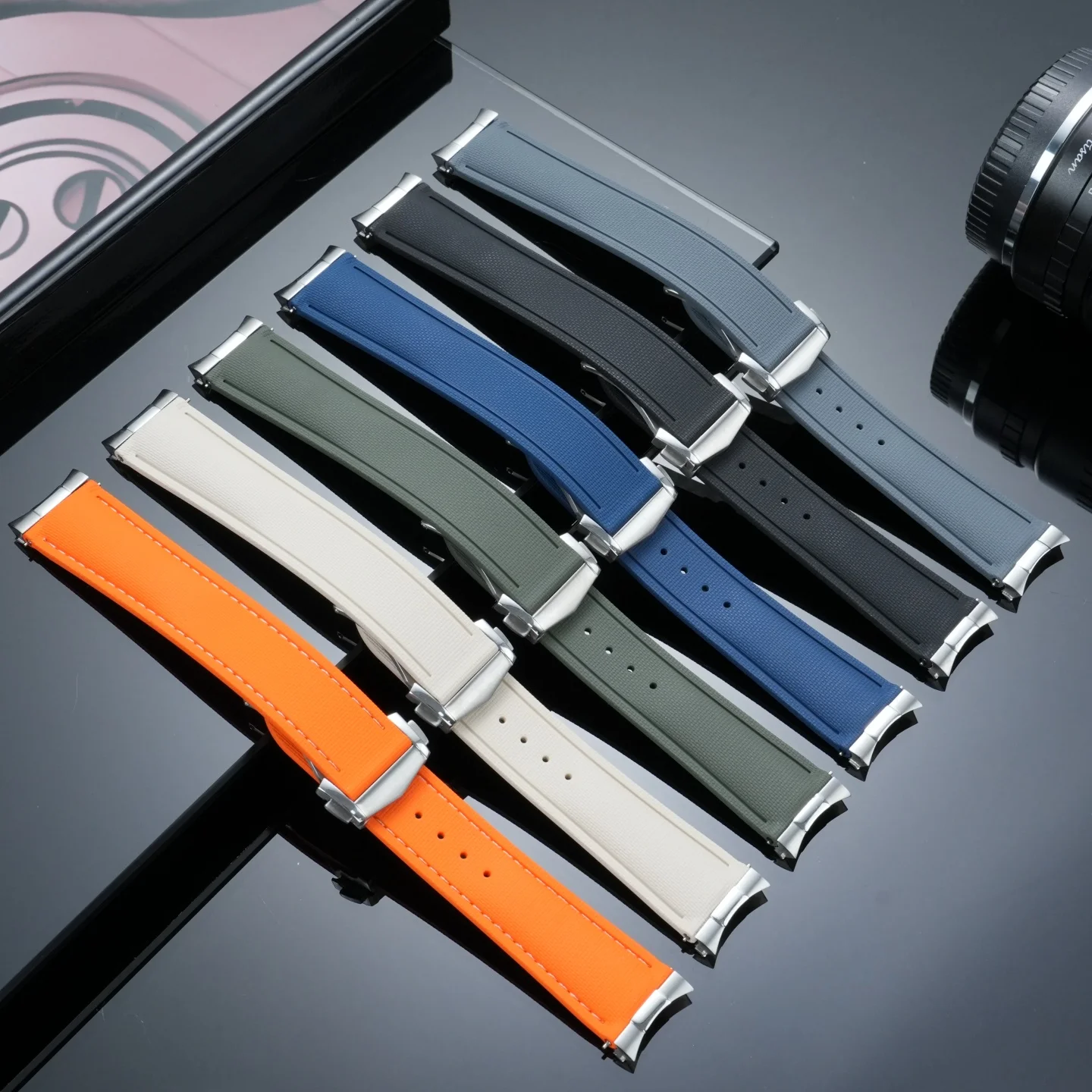 Compatible with Omega Seamaster 215 300 600 20/21/22mm Rubber Strap, Fluoroelastomer Band with Stainless Steel Curved End Links