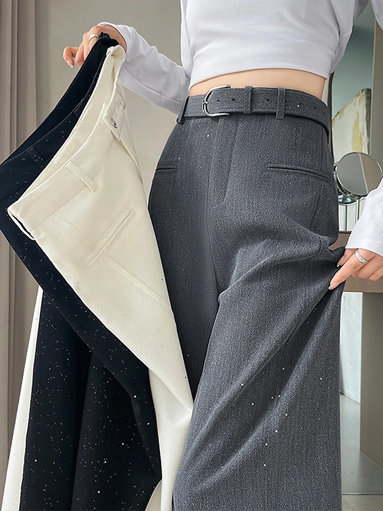 

Весна 2026: Новые повседневные блестящие брюки с высокой талией и прямым кроем для женщин, модные брюки-костюм в корейском стиле для офиса и повседневной носки