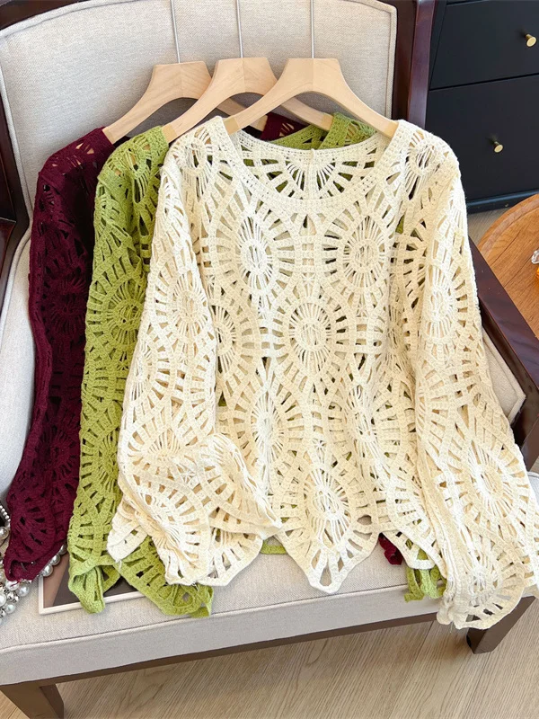 

Trendy Hollow out Knitted Cover up Top Women's Loose Sve Long Sve Cotton Blend Knittedwear for Autumn Faionable Outer...