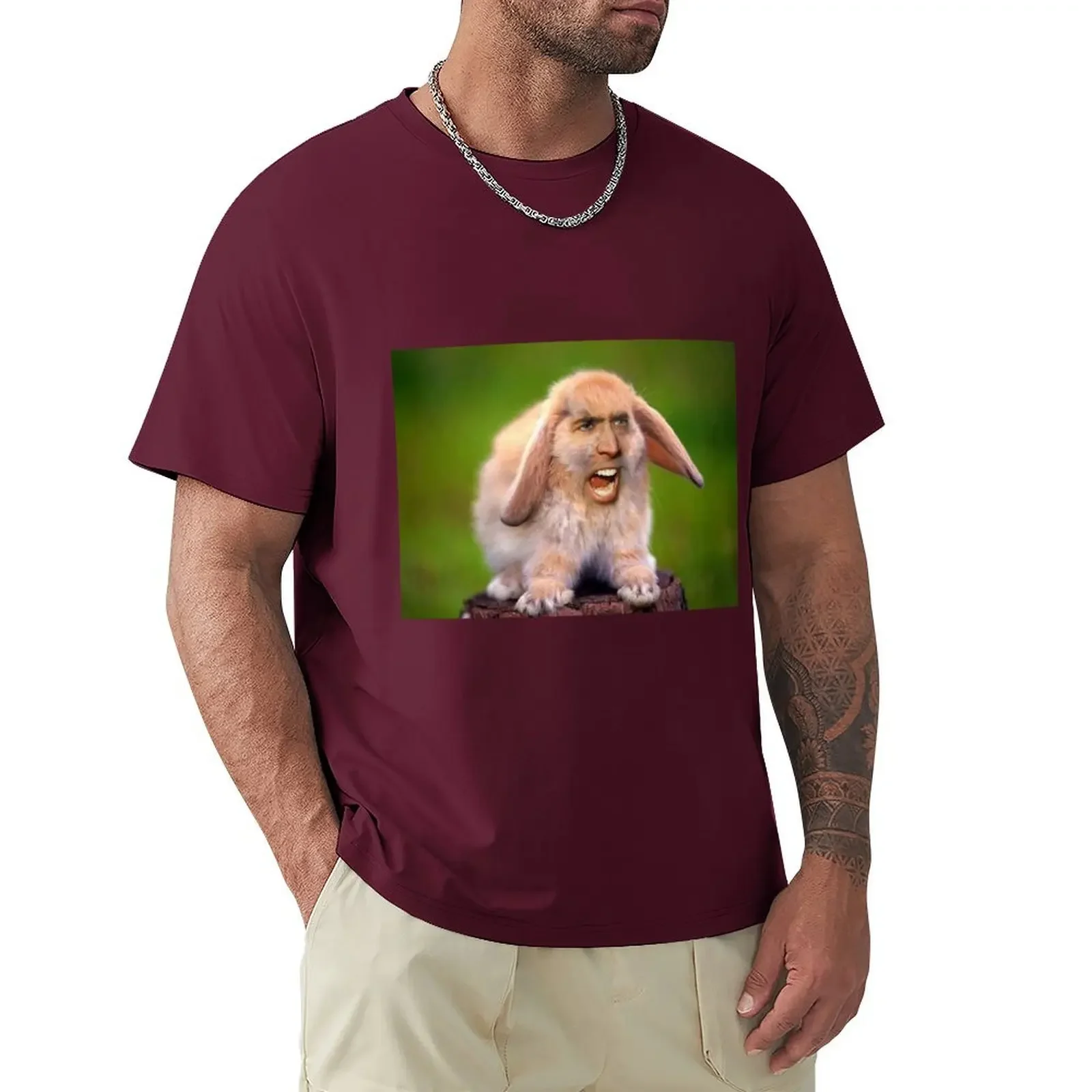 sports fans aesthetic clothes t shirts for men graphic Nicolas Cage Bunny Photoshop T-shirt Round Collar harajuku Crewneck 2024