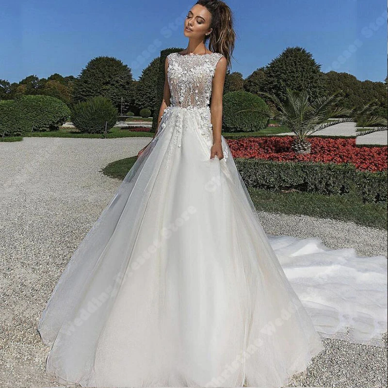 2025 Elegant A-Line Women Wedding Dresses Sexy Lace Flower Printing Sleeveless Bridal Gowns Mopping Length Ball Vestido De Novia