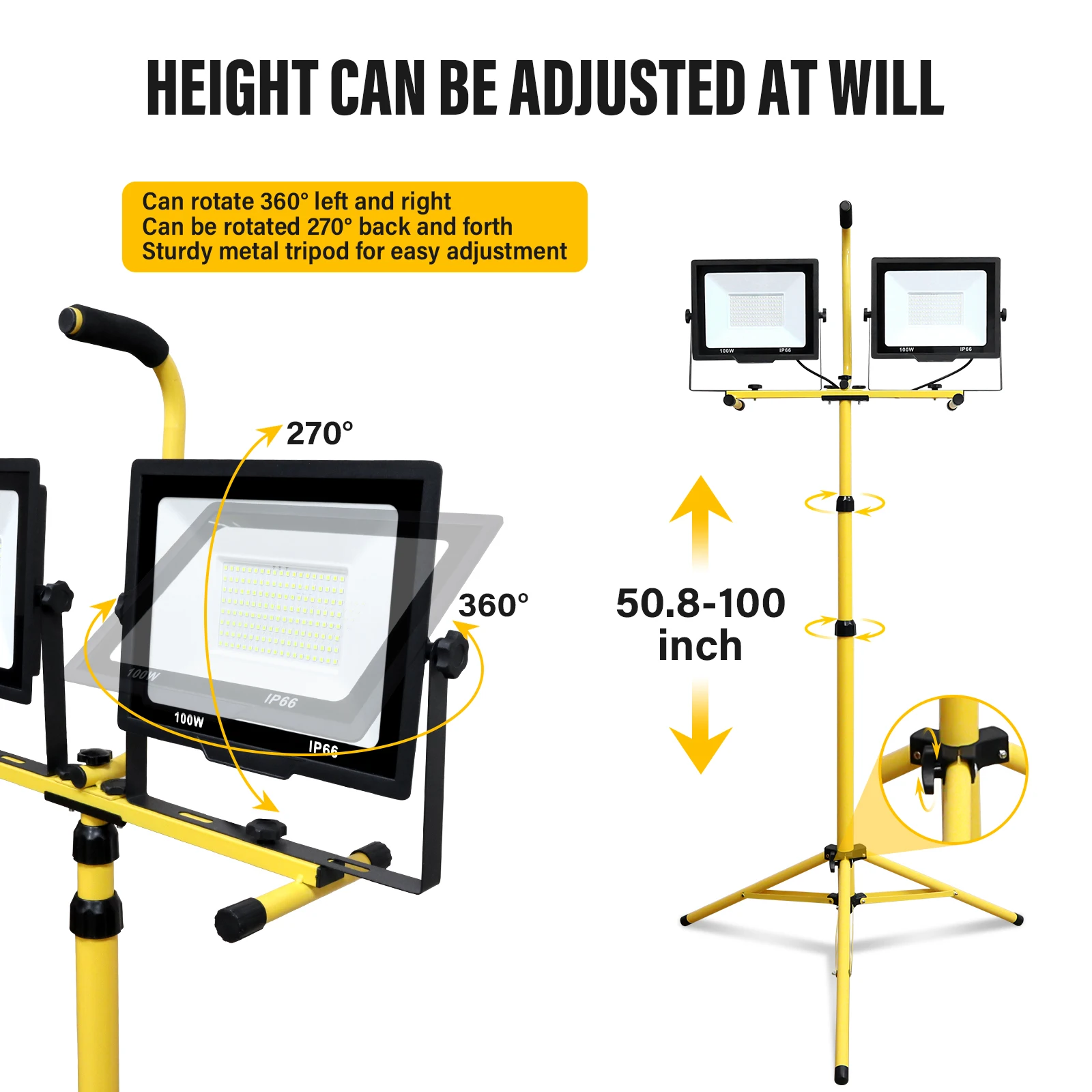 SKYWORLD LED Flood Light 2X100W 5000K led Work Light with 100in Adjustable Metal telescoping Tripod Stand Indoor Outdoor IP66