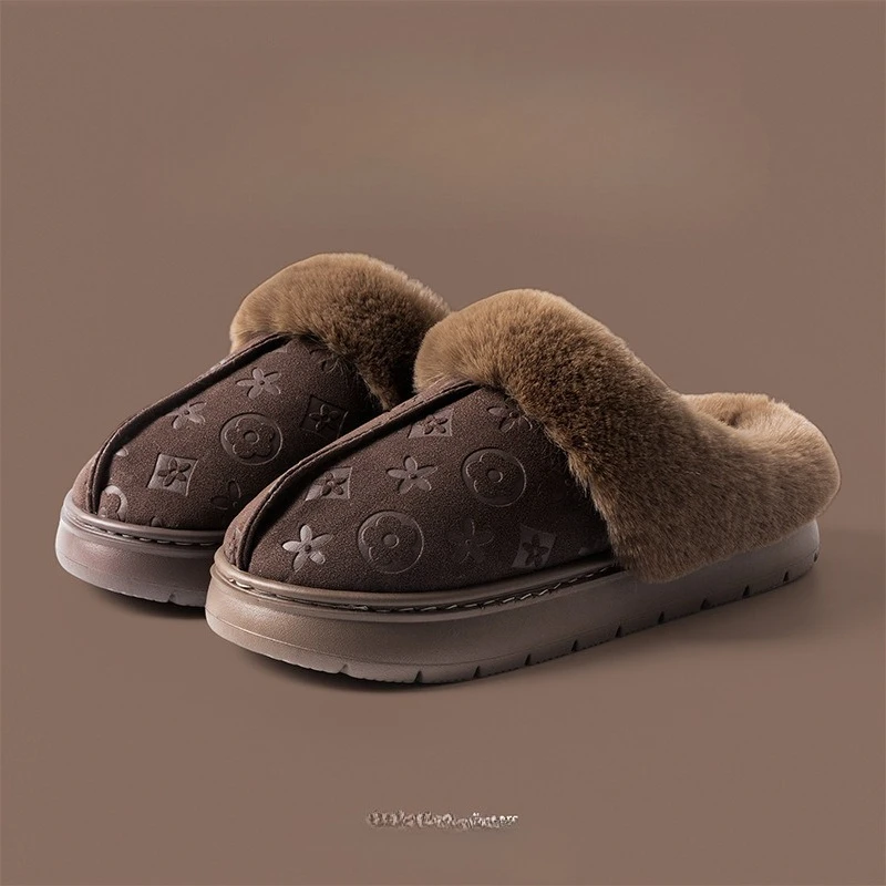 Homewear Couple's Faux Leather Indoor/Outdoor Non-Slip Slippers Soft-Soled Fleece-Lined Cotton Slippers for Winter
