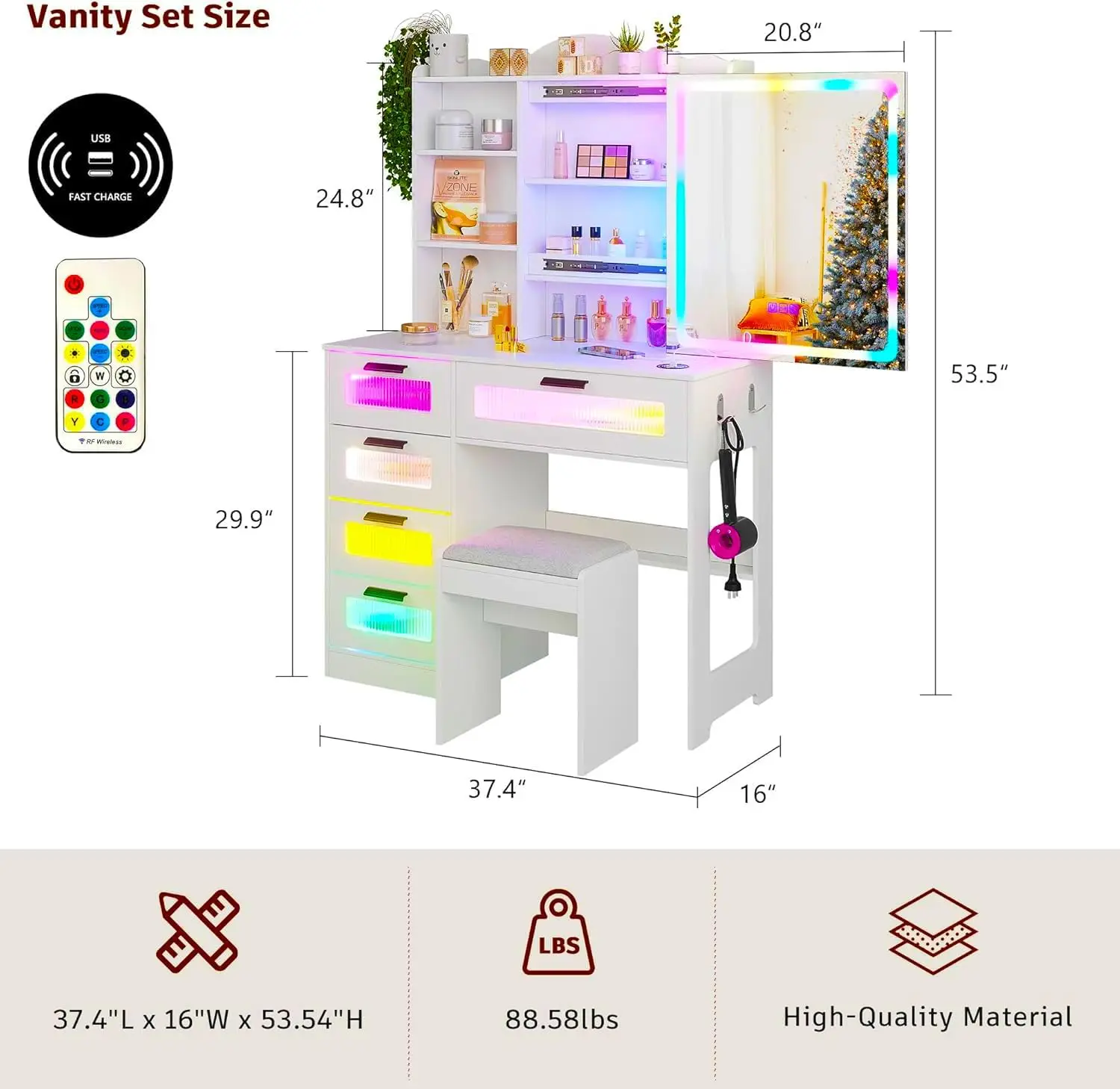 RGB LED Makeup Vanity Desk with Mirror, Charging Station & 5 Drawers, White Vanity Set with Stool