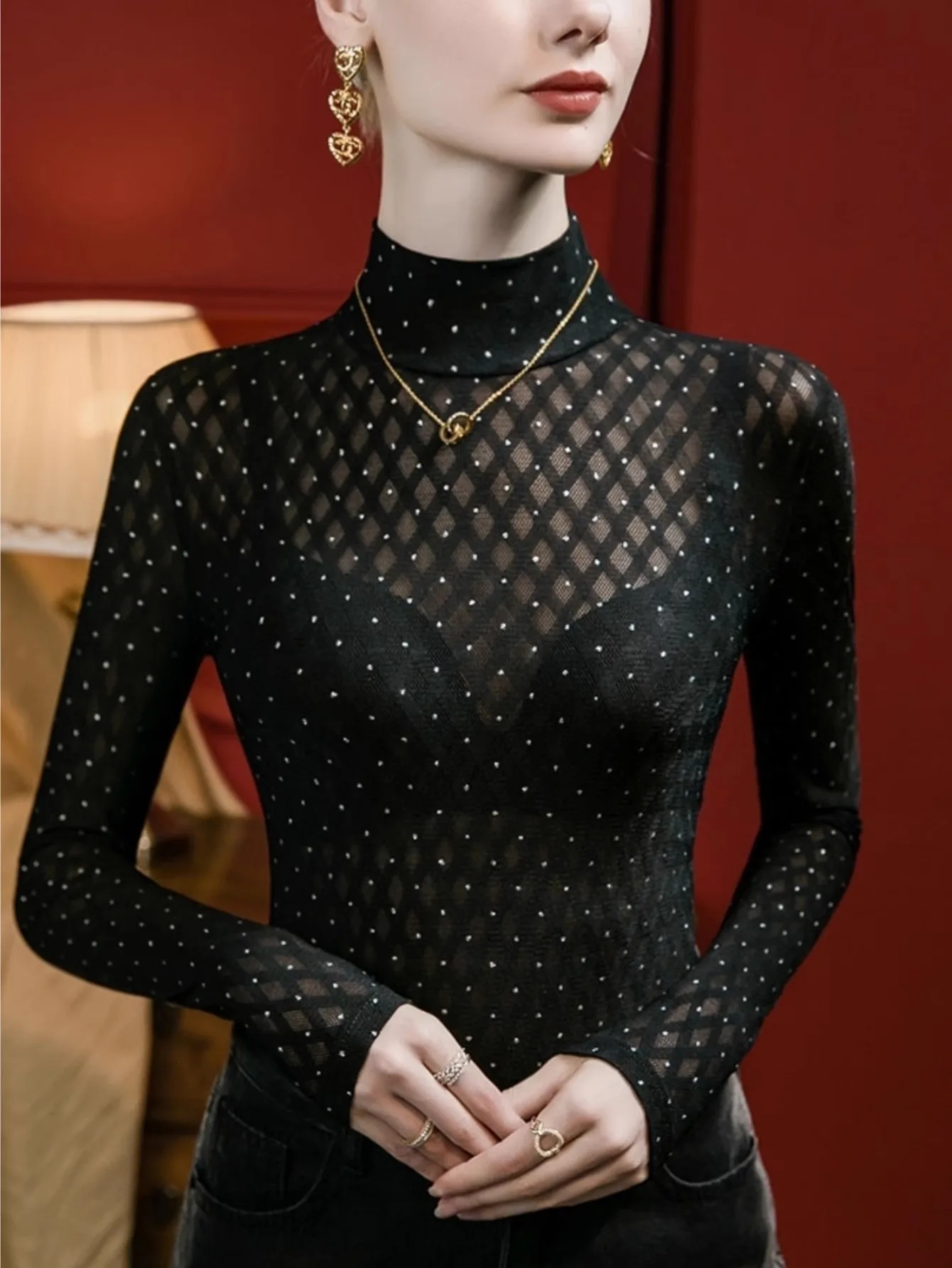 Mesh autumn and winter new style half turtleneck hot diamond craftsmanship western style slimming look long-sleeved bottoming sh