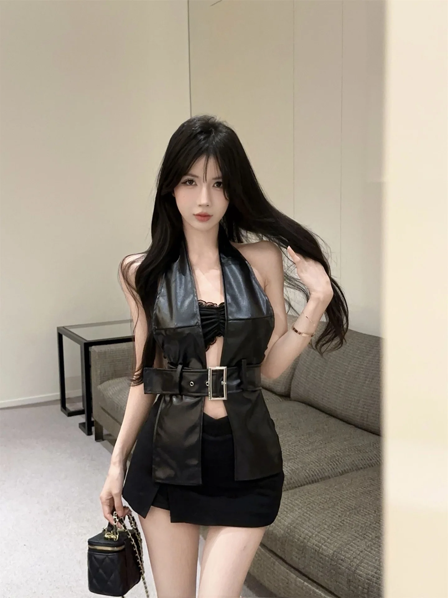 American Style Hot Girl Motorcycle Neck Hanging Two-Piece Set Women's Autumn New Strap Waist Lace Vest Top Breathable Short