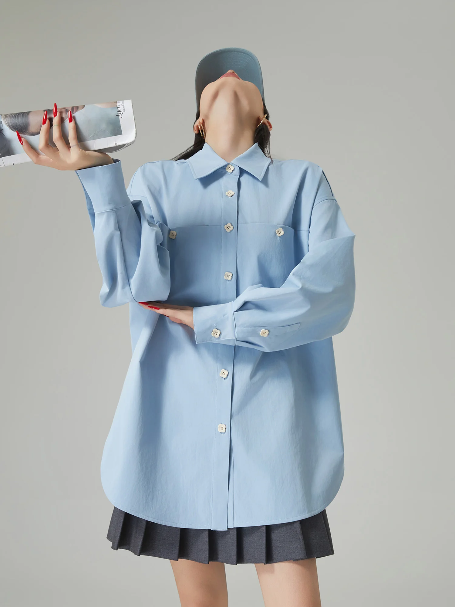 

Loose Fit Long Sve Blue irt Women's Design Korean Sle Lazy Faion Versatile irt Cardigan Outerwear Turn-down Collar