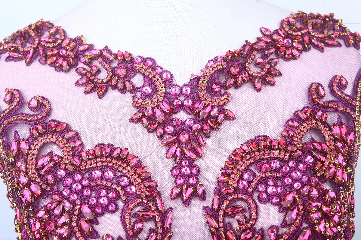 Handmade red/royalblue/ddepgreen/gold/silver rhinestones bodice applique sewing beads crystal trim patches dress accessory