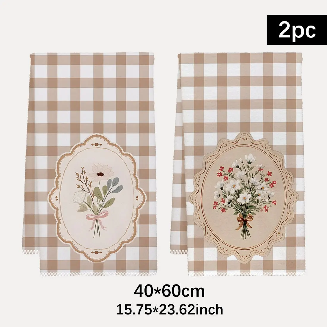 Cleaning cloth 2pcs kitchen towel 2-piece set, brown plaid kitchen towel, with floral design, dish towel