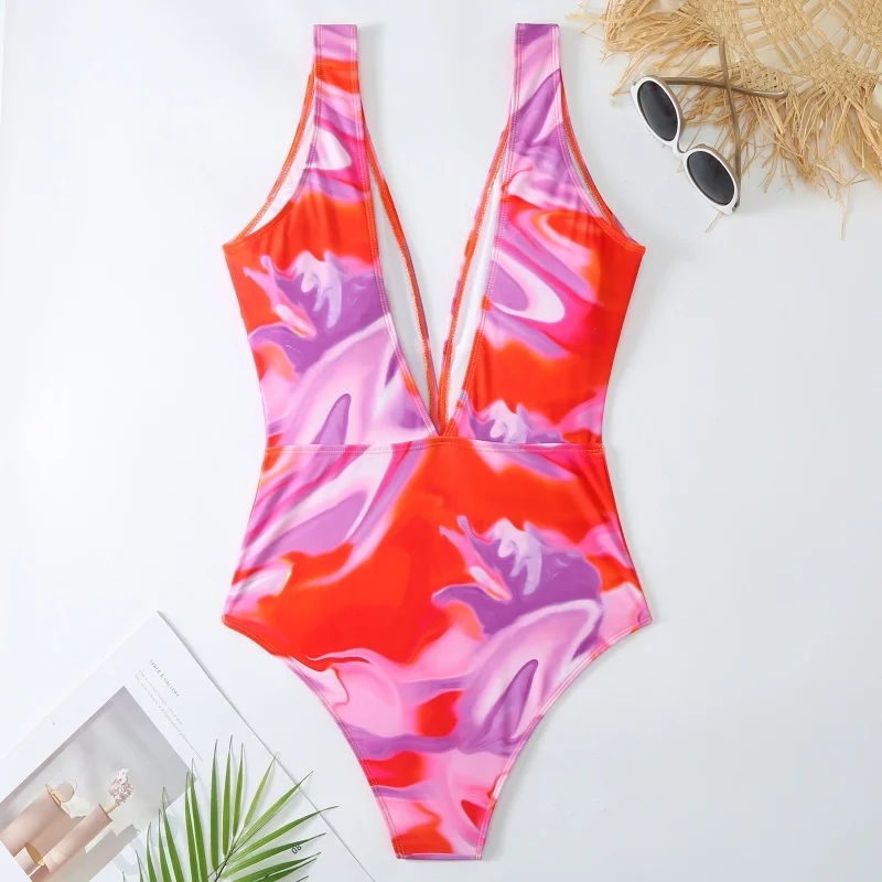 Retro New One-Piece Swimsuit Women DeepvLace-up Chiffon Skirt Set Independent Station Hot Wholesale