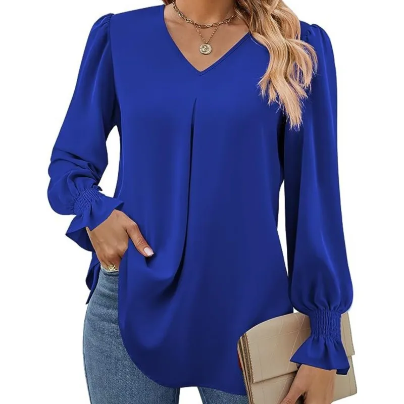 Nueva camisa de gasa de Color liso para mujer, jersey con cuello en V, camiseta acampanada de manga larga, blusas holgadas de color caqui elegantes