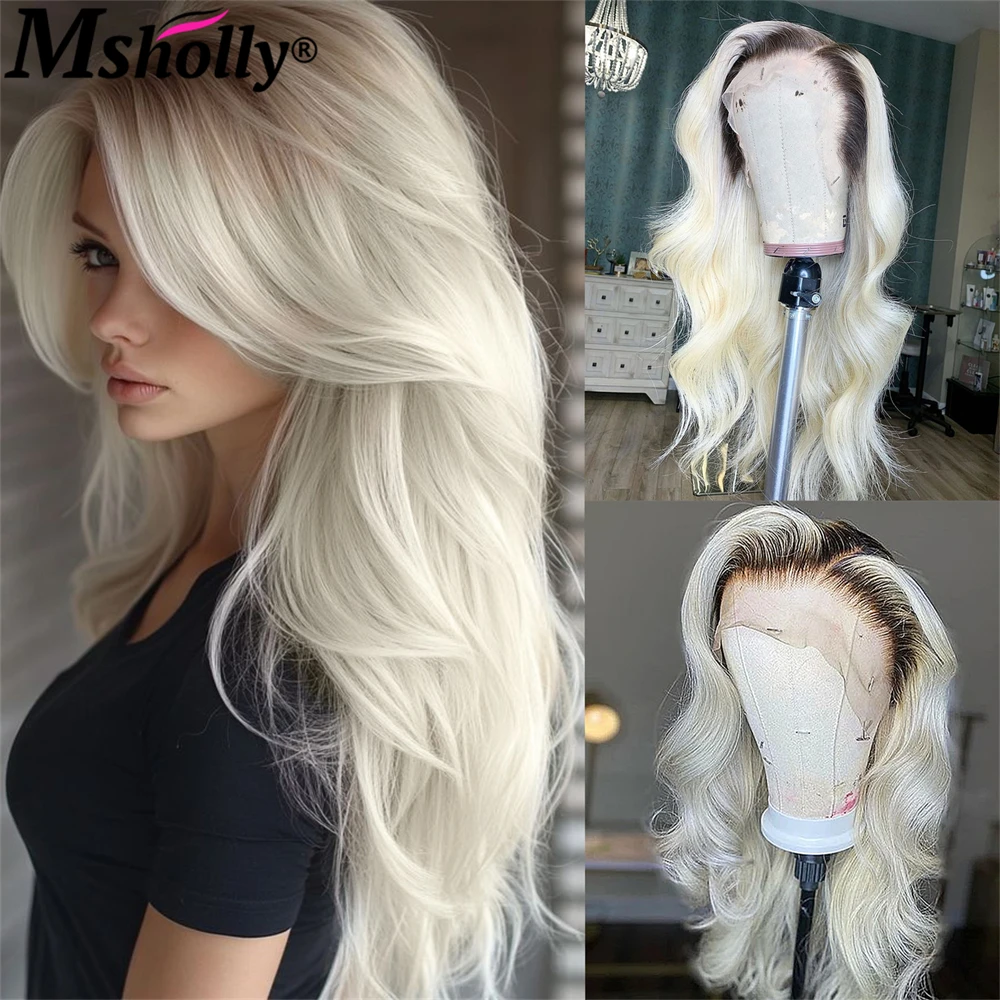 

Highlight Platinum Blonde Body Wave Lace Front Human Hair Wigs With Dark Roots Pre Plucked 180% Density Free Part Wig Human Hair