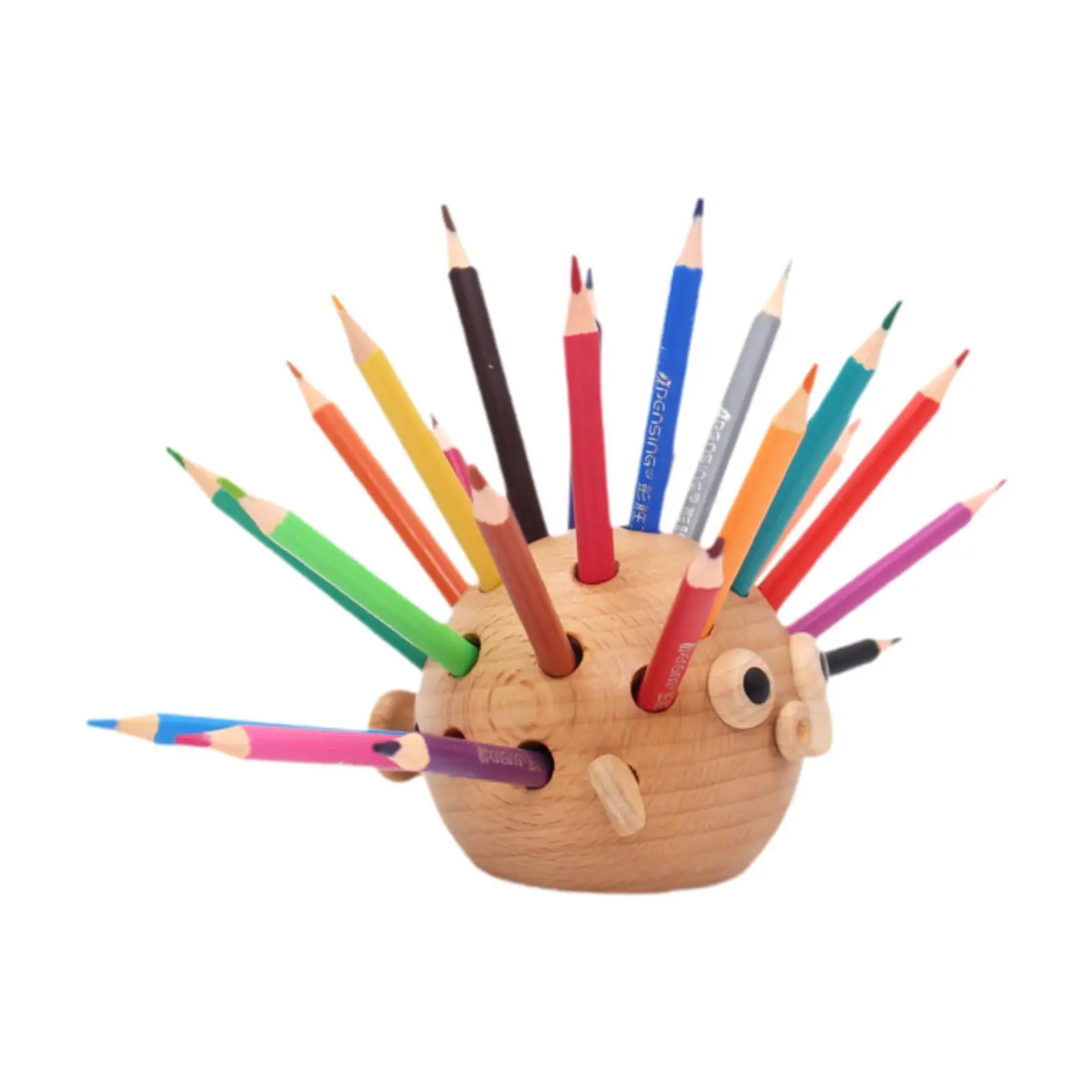 

Pufferfish Pen Holder Desk Organizer Pen Stand Display Wooden Pencil Holder with 24 Colored Pencils for Writing Paint Brushes