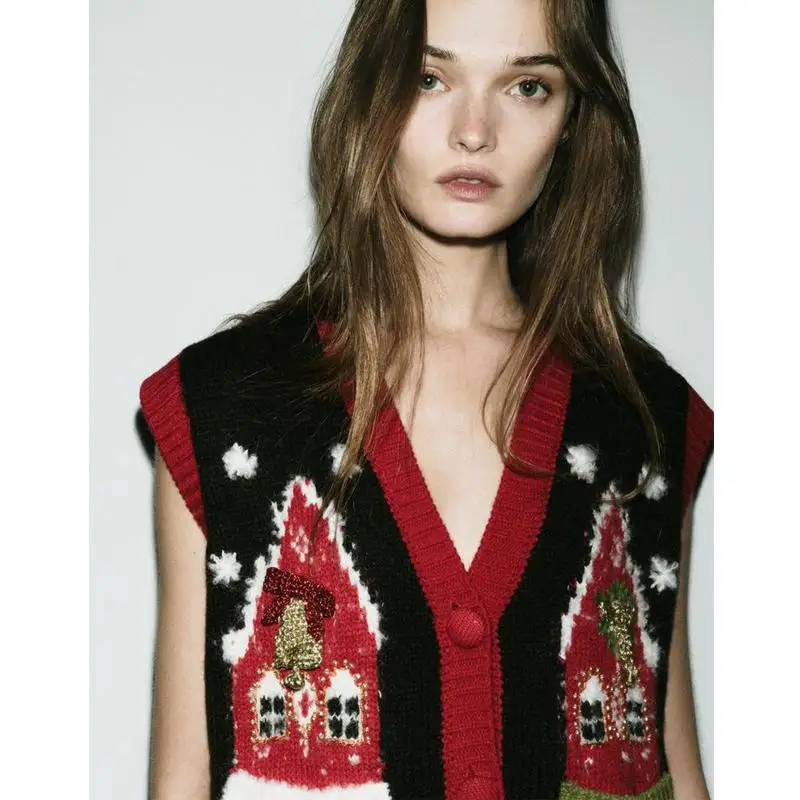 

Autumn Winter New Women's V-ne Layered Cisas House Pattern Vest Sle Knitted Sweater Regular Length Single Button Closure