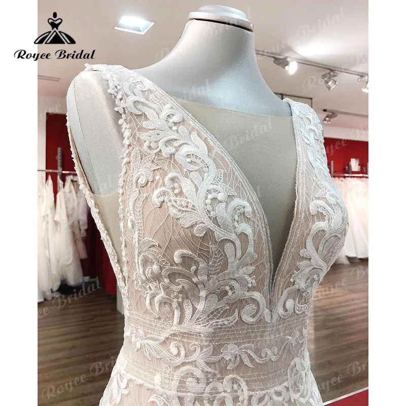 Roycebridal-vestido bohemio de encaje con escote en V, traje sin mangas con Espalda descubierta, para Fiesta de Noche y recepción