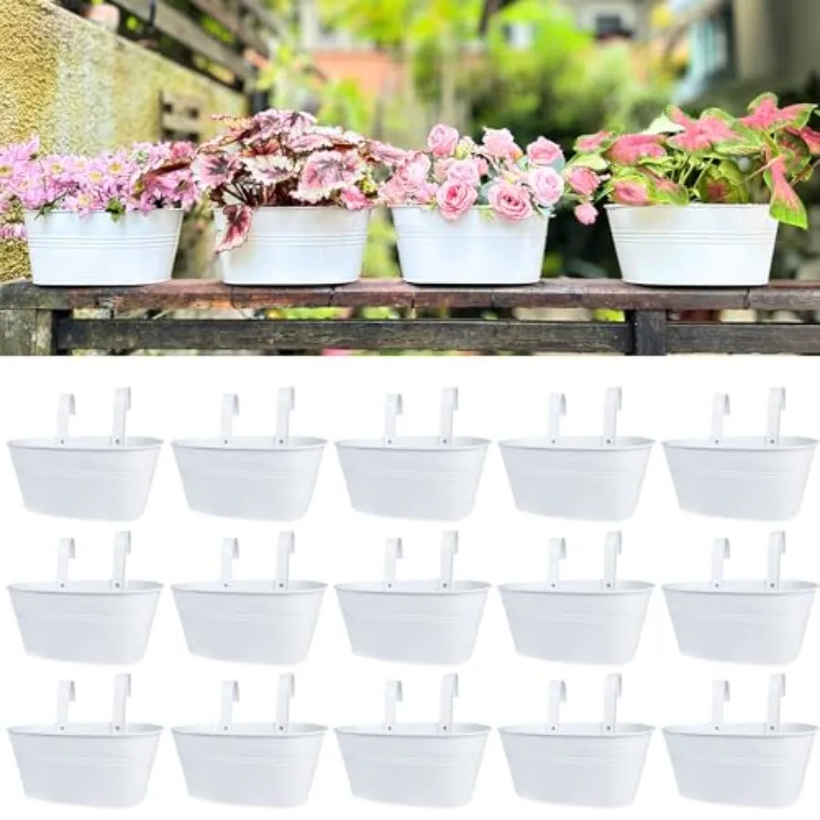 LaLaGreen Outdoor Plants Rail Planter 11.2 Inch, 15 Pack White Metal Iron Hanging Flower Pots Deck Railings Fence Balcony Moder