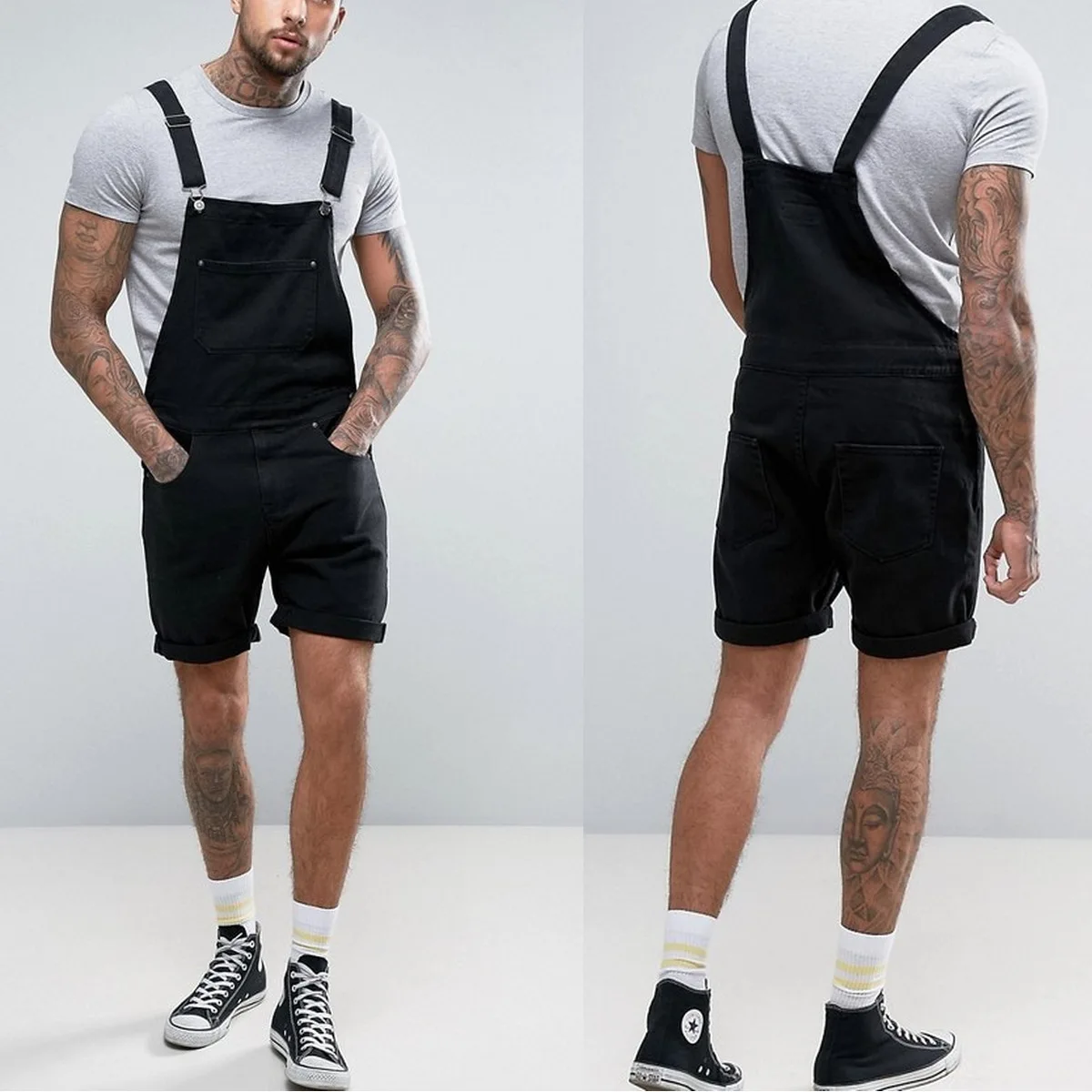 Vintage Men Jeans Denim Black Shorts One-piece Overalls Suspenders Streetwear Men Jumpsuit Pants