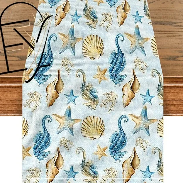 Linen Table Runner Navy Blue Pumpkin Print on Beige Autumn Table Decor Dining Table Kitchen