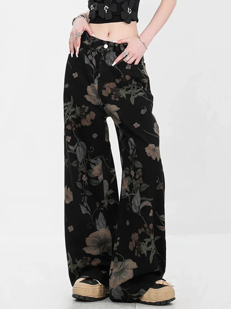 

New Chinese Style Chic Printing Female Wide Leg Pants Summer Basic High Waist Loose Contrast Color Straight Fashion Women Jeans