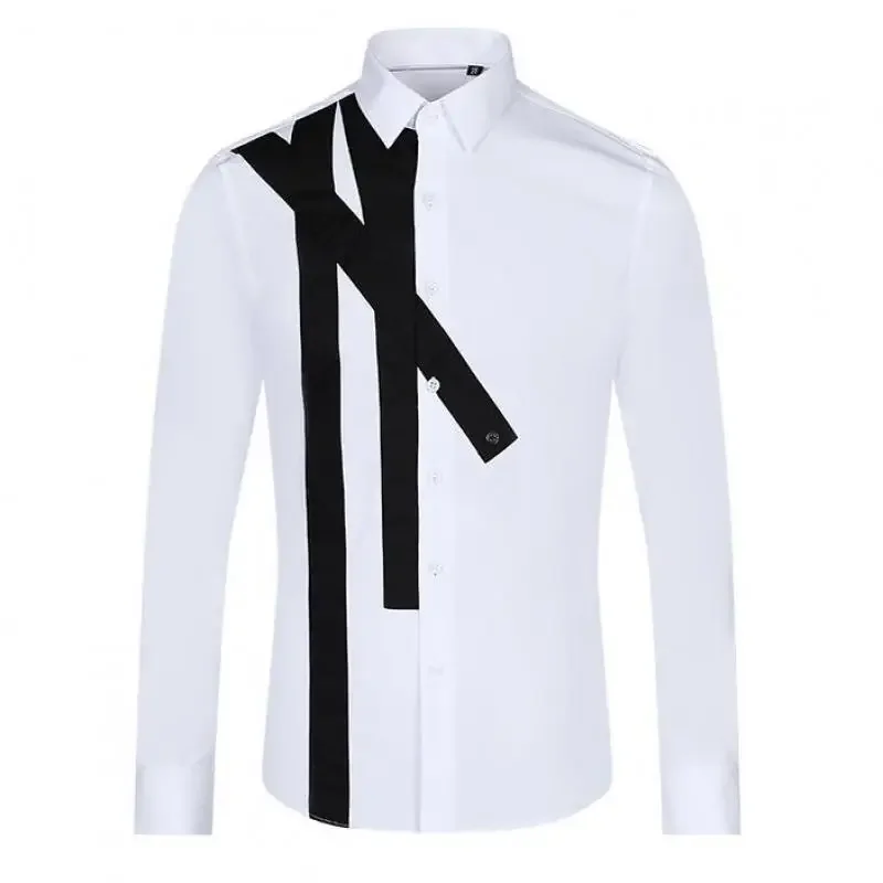 New Patch Splicing Mens Shirts High Quality Long Sleeve Black White Casual Mens Dress Shirts Slim Fit Party Male Shirts 3XL