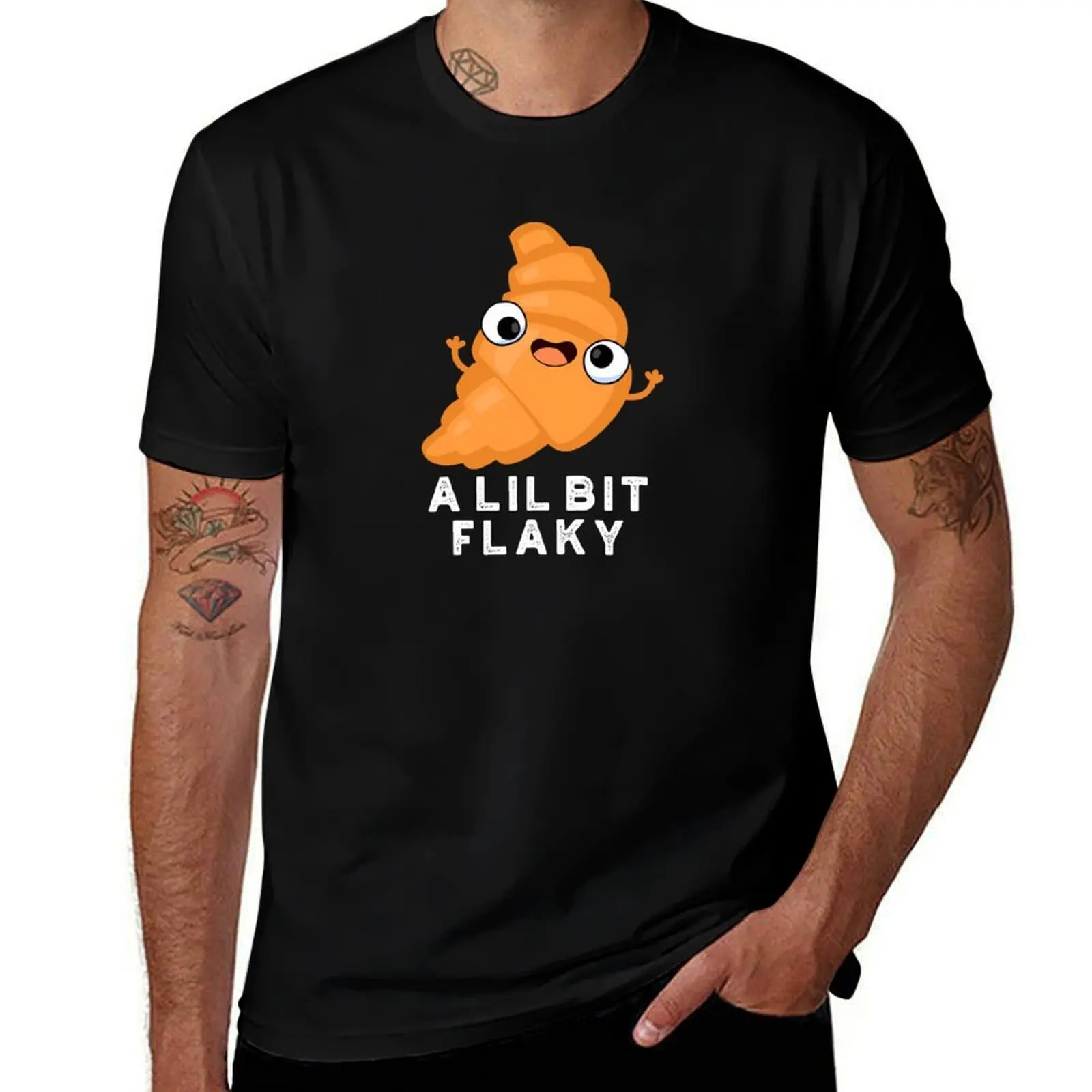 A Lil Bit Flaky Pastry Funny Croissant Puns (Dark BG) T-Shirt Work Comfort for Men T-Shirt
