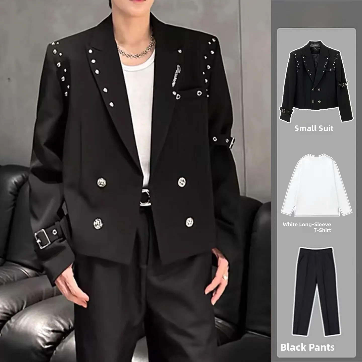 

Черный укороченный мужской костюм с подплечниками и заклепками, свободный повседневный стиль, эффект металлического блеска, крутой и стильный пиджак