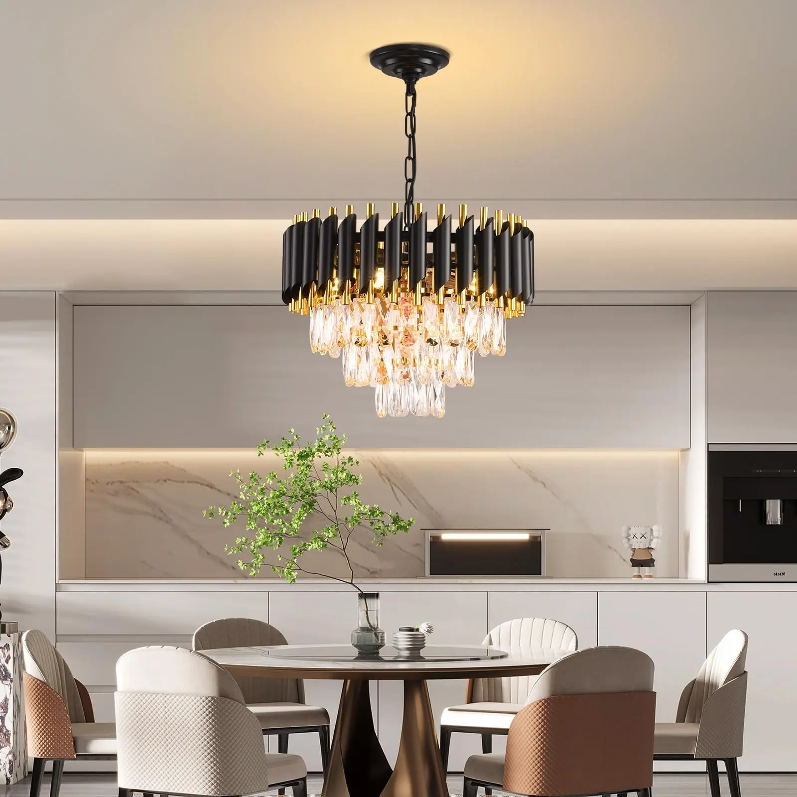 Black and Gold Crystal Chandelier Pendant Light Fixture Flush Mount Ceiling Lighting 3 Tiers Modern Crystal Chandeliers