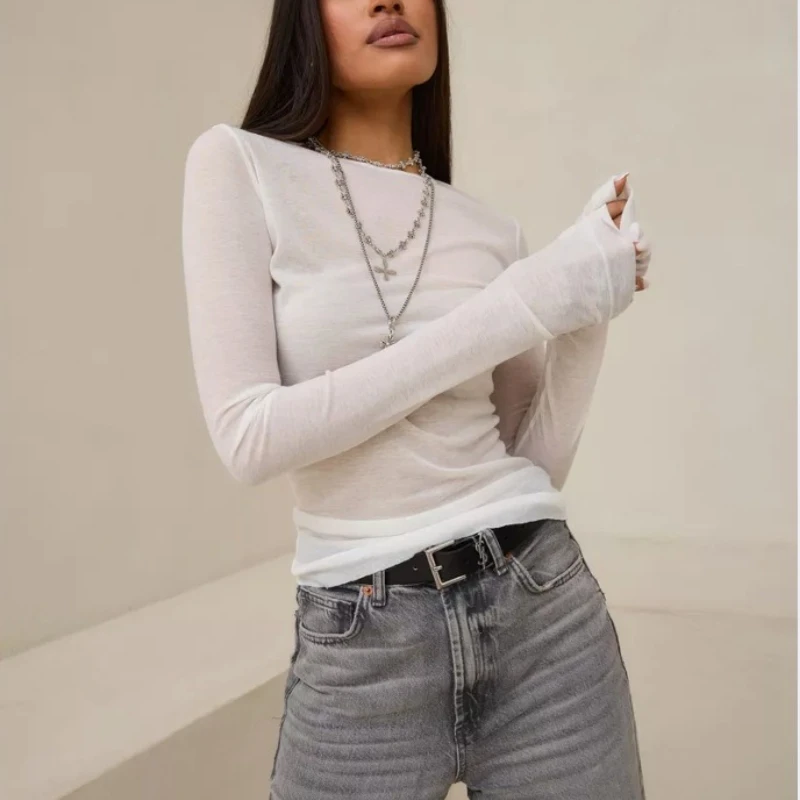 

2026 Spring Autumn New Blouse Top Women's Thin Slightly Transparent Outer with High-end Round Neck Slim-fitting Long Sleeves