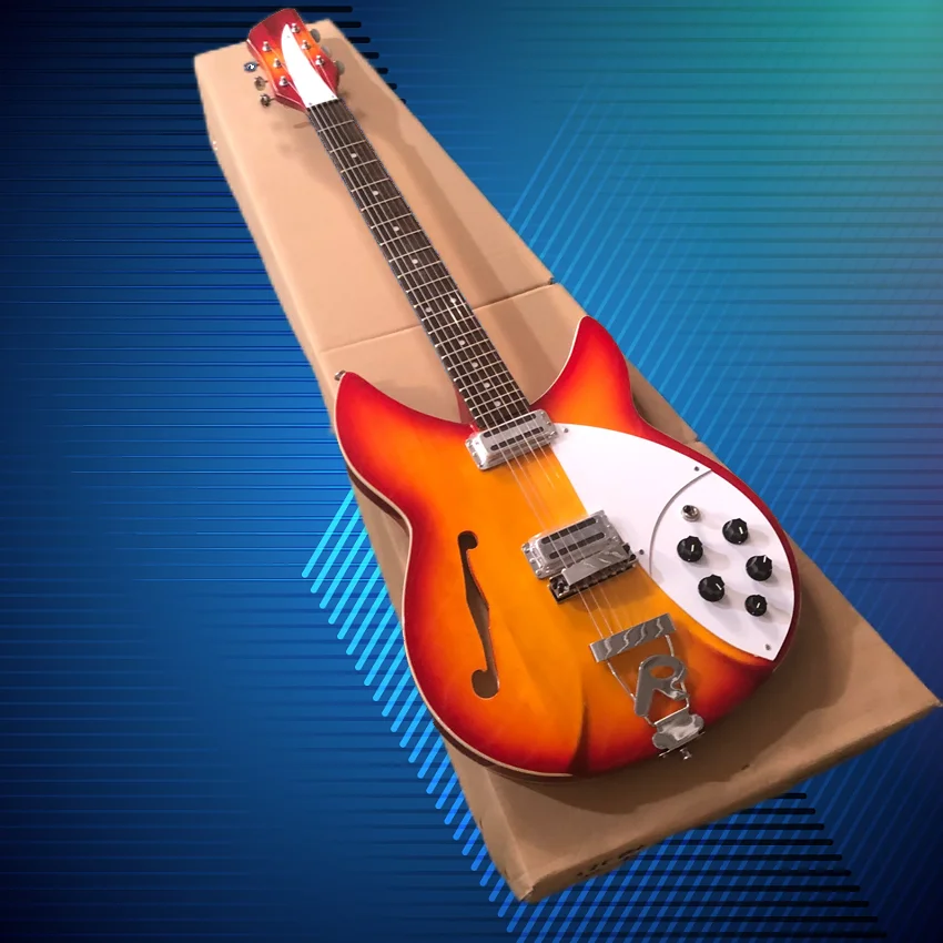 

В наличии, электрогитара Rickenbacker 360, полуполая, цвет жареного томатного яйца, белая защитная доска оптом и в розницу.