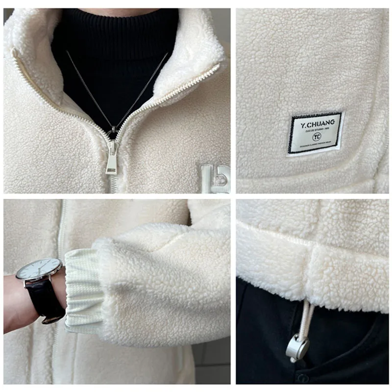 Men Lamb Fleece Coats Big Pocket 2024 Autumn Winter Zipper Stand Collar Jackets Solid Color Fashion Male Thicken Warm Outerwear