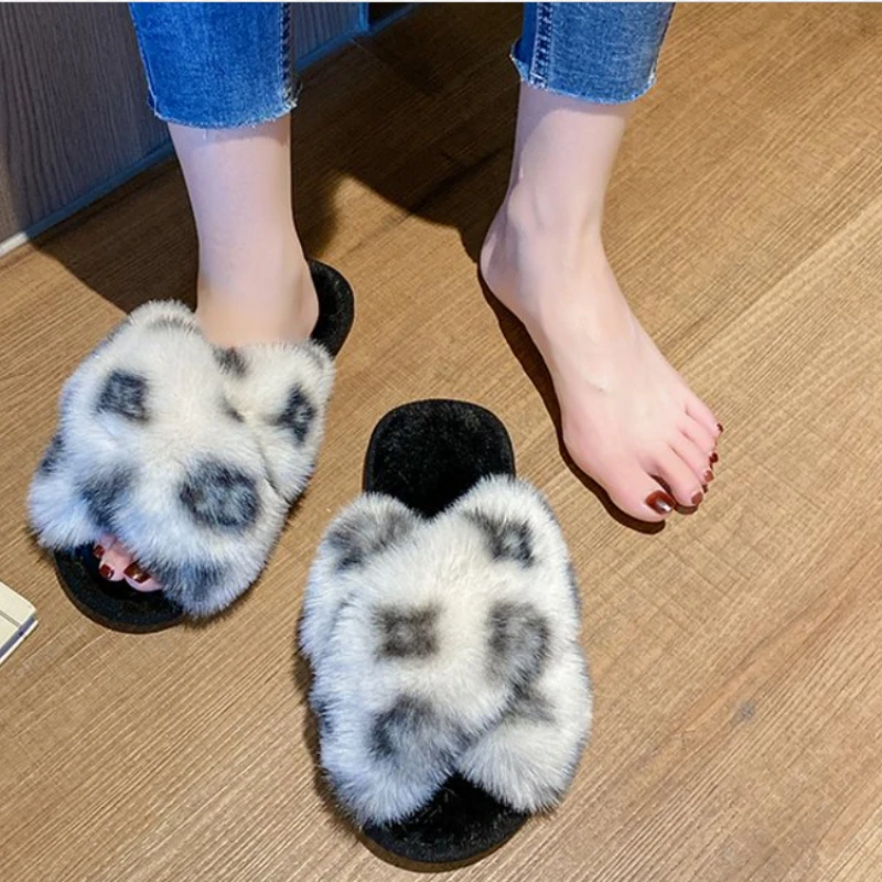 2024 Autumn and Winter Fashion Leopard Print Sports Casual Fluffy Women\'s Slippers Warm Home Indoor Flat Cotton Slippers NO:5259