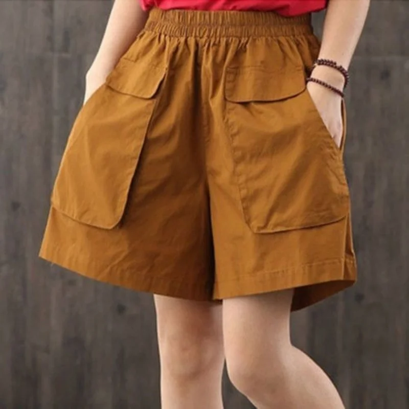 Vintage Pockets Patchwork Shorts Summer New Solid Elastic Waist Loose All-match Black Wide Leg Pants Casual Trend Women Clothing
