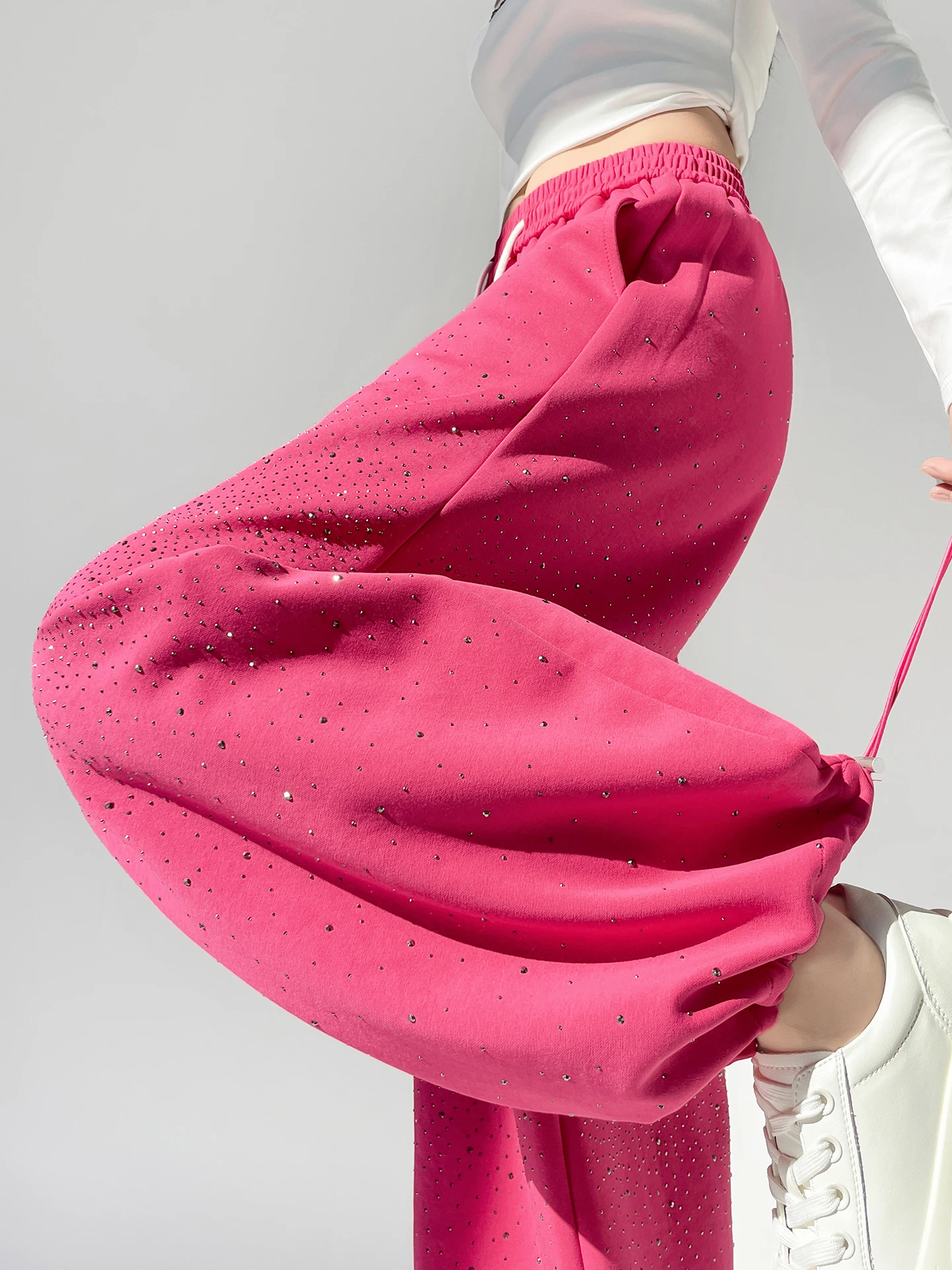 

American Heavyweight Rhinestone Star Bend Knife Sports Pants Women's High Waist Slim Banana Wide Leg Pants Casual Sle