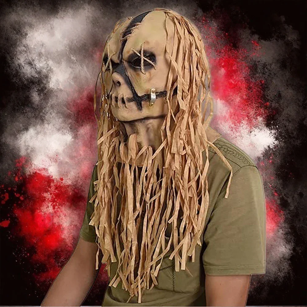 Máscara de espantapájaros espeluznante, cubierta facial de terror para Halloween, disfraz de látex de hombre de paja realista, accesorio para casa siniestra embrujada, tema de granja