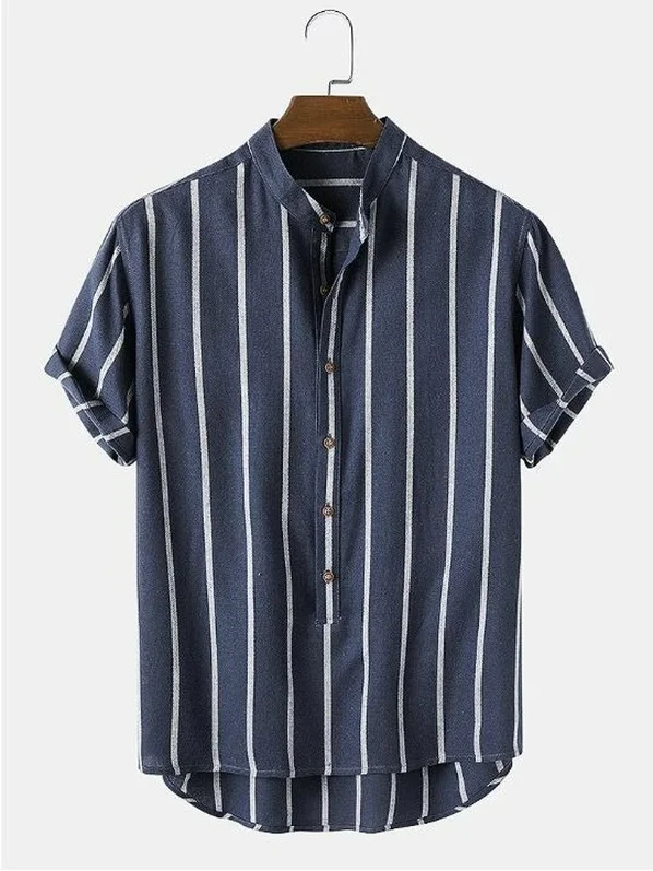 

Faionable Striped Men's Stand Collar irt Slim Fit ort Sve Printed Youthful Summer Casual irt European Simple Sle