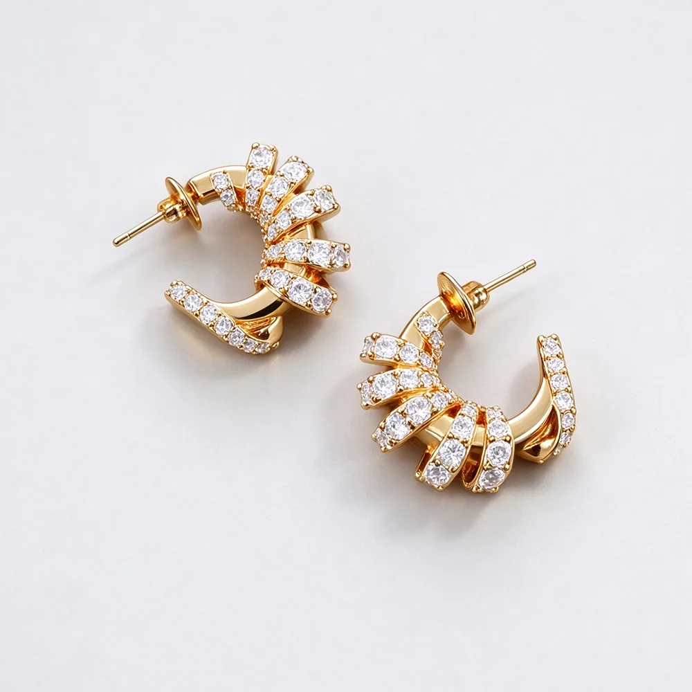Yuri Ailey Gold C Shape Hoop Earrings for Women Sparkling Cubic Zirconia Inlaid Half Circle Ear Studs Fashion Geometric Earring