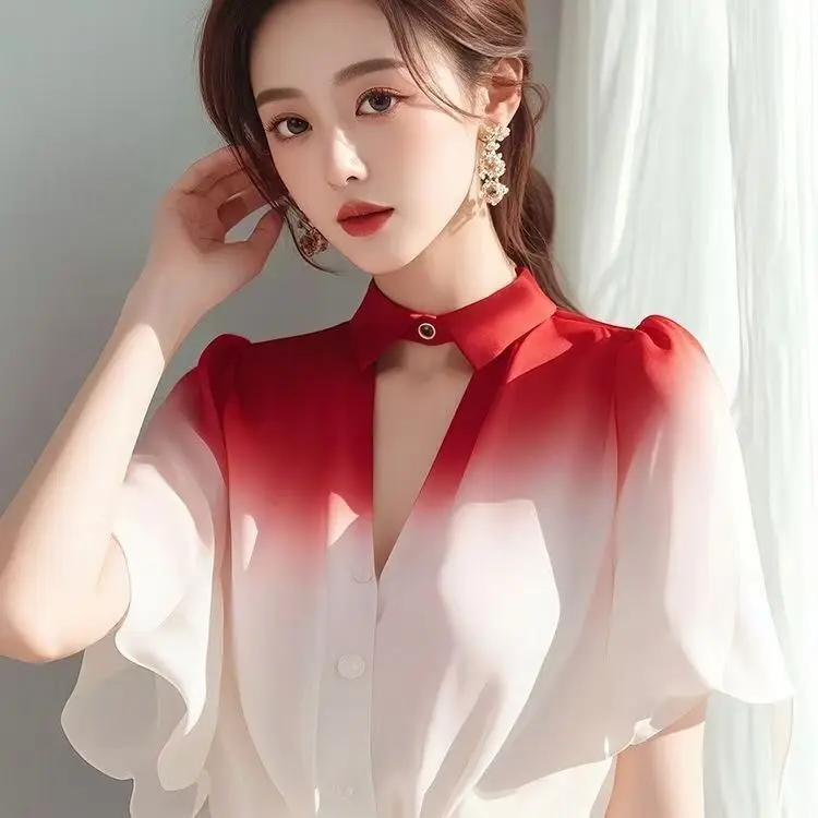 French Fashion Elegant Office Lady Casual Chiffon Gradient Color Blouse Tops Women Shirts Short Sleeve Loose Blusas Mujer Summer