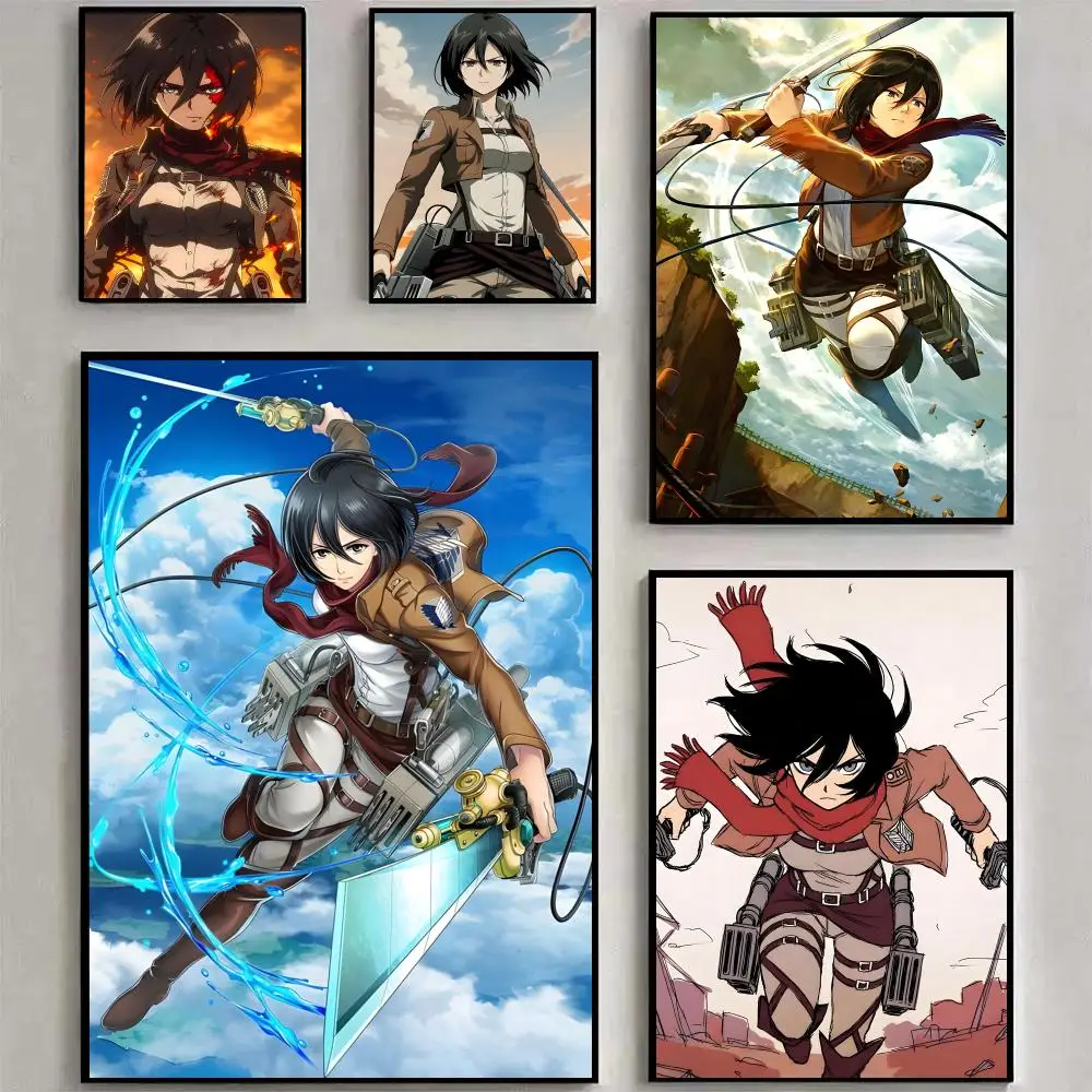 Mikasa Ackerman Anime Poster Home Living Bed Room Bar Hallway Sticky Wall Art Printing Waterproof Aesthetic Decor