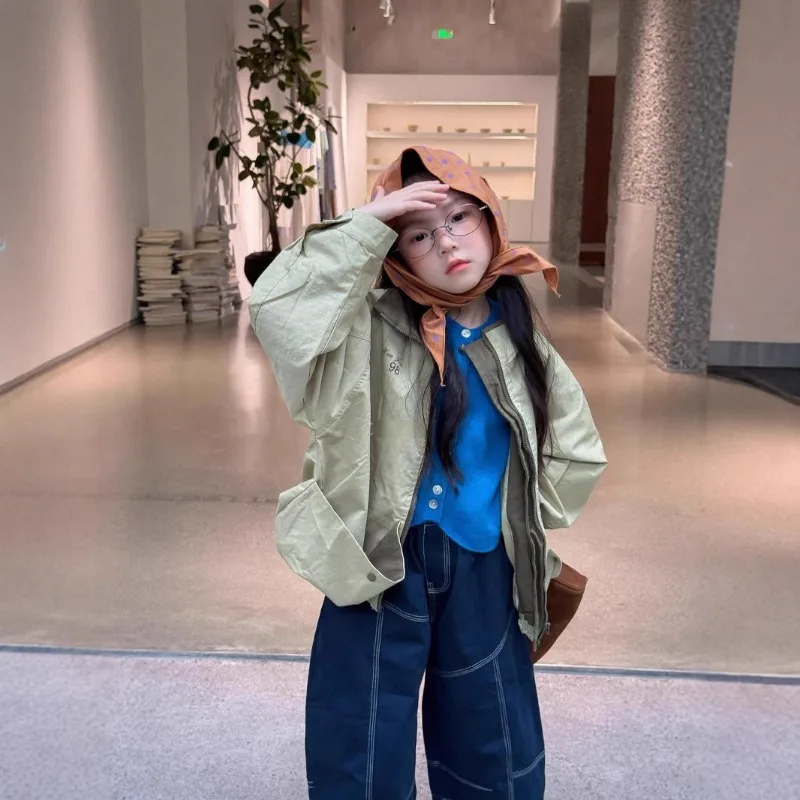 

Girls Children Coat Autumn Clothing Casual Stylish Retro Jacket Jacket Loose Versatile Big Pocket Trench Coat 2025 New