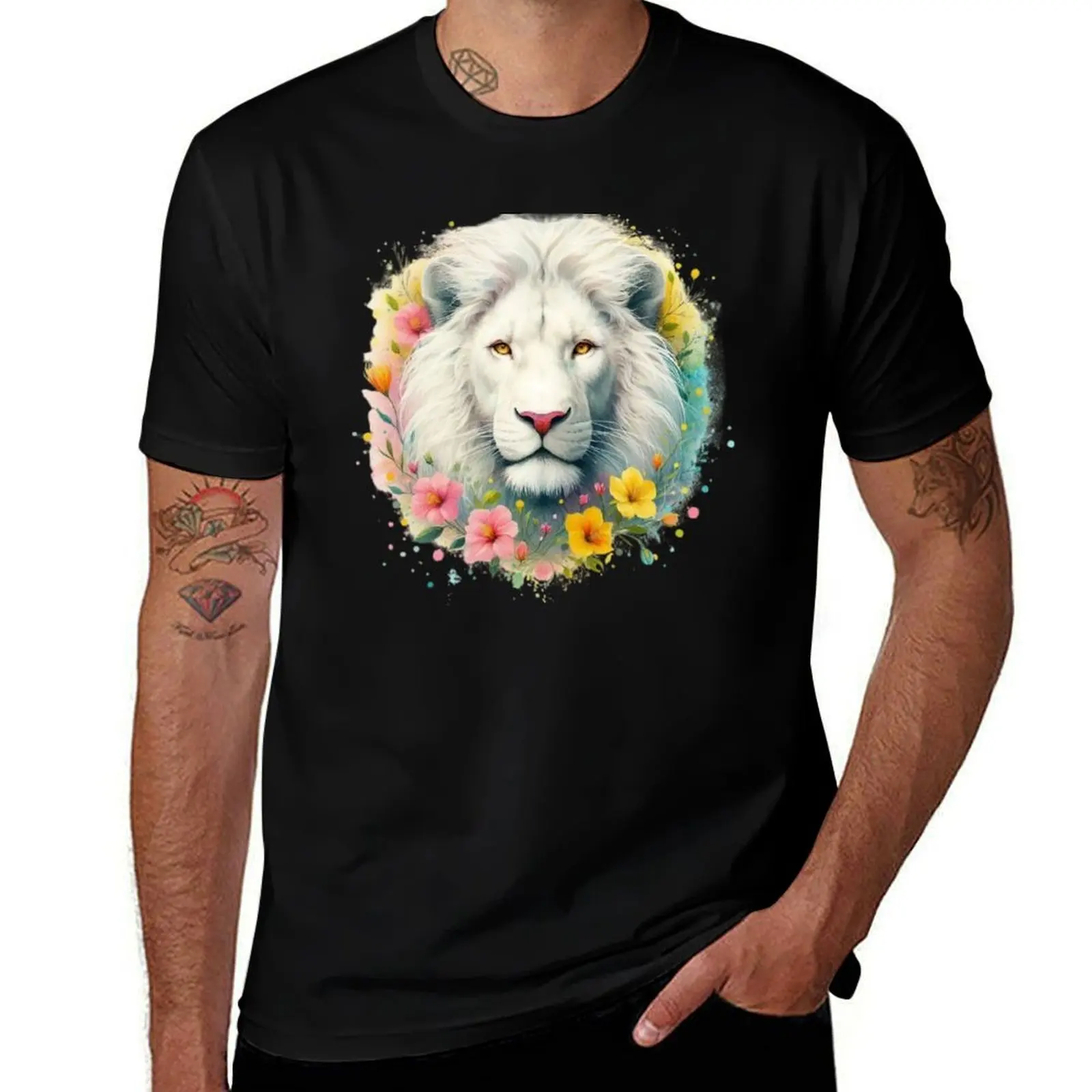 

A beautiful Albino Lion surrounded by colorful leaves and flowers T-Shirt quick drying anime shirt topping mens cotton t shirts